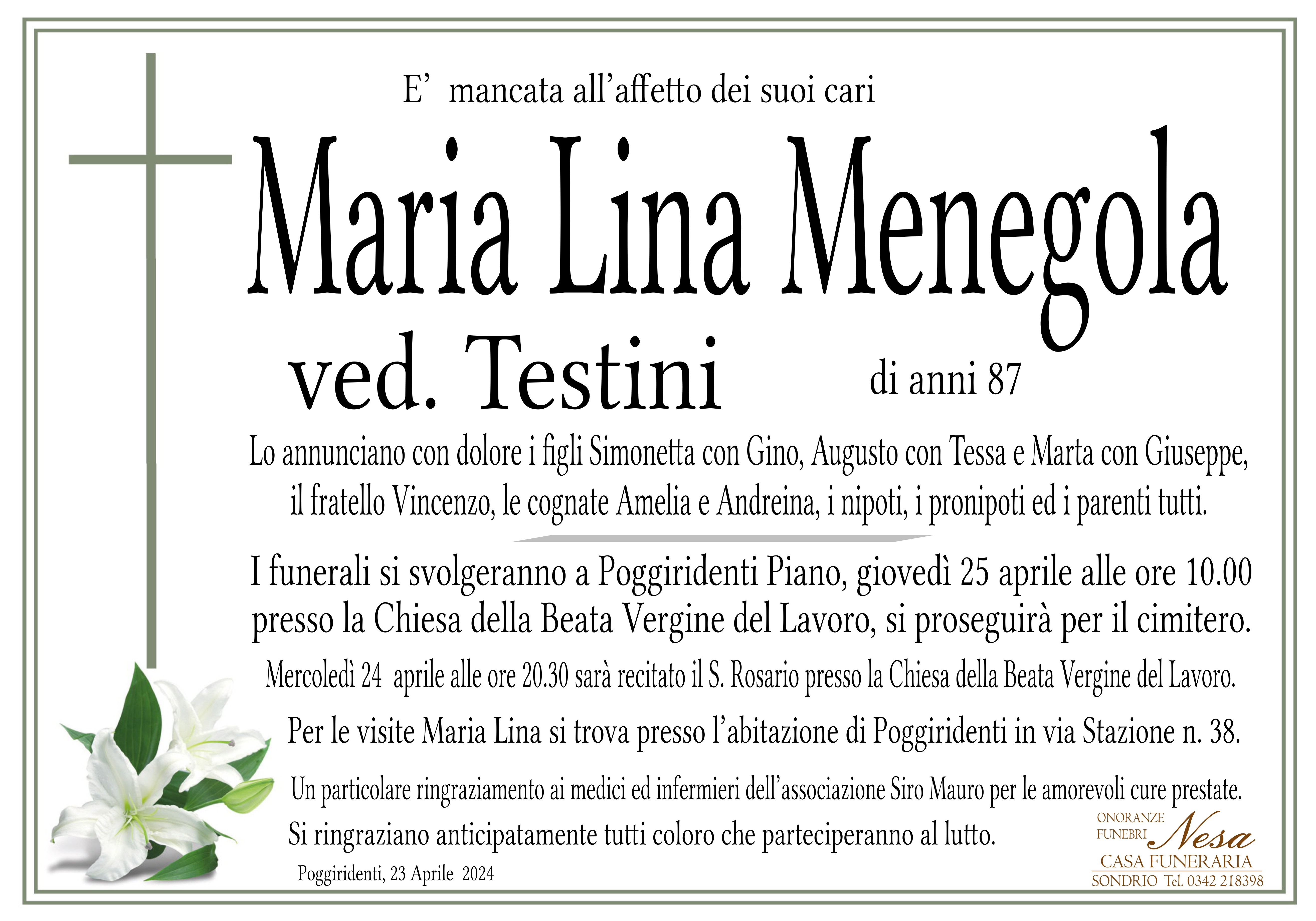 Necrologio Maria Lina Menegola ved. Testini